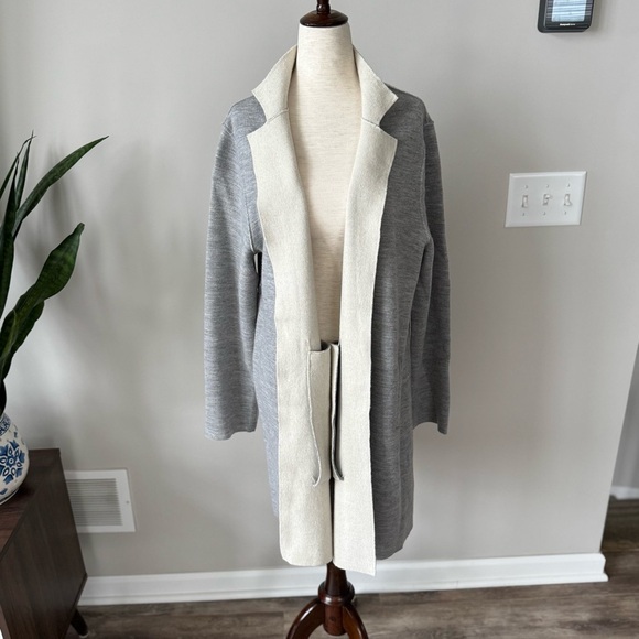 Eileen Fisher Merino Wool High Collar Long Sleeve Open-Front Raw Hem Cardigan - Picture 2 of 11